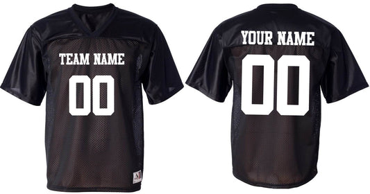 Black custom football jersey by Augusta Sportswear featuring team logos and player name and number.