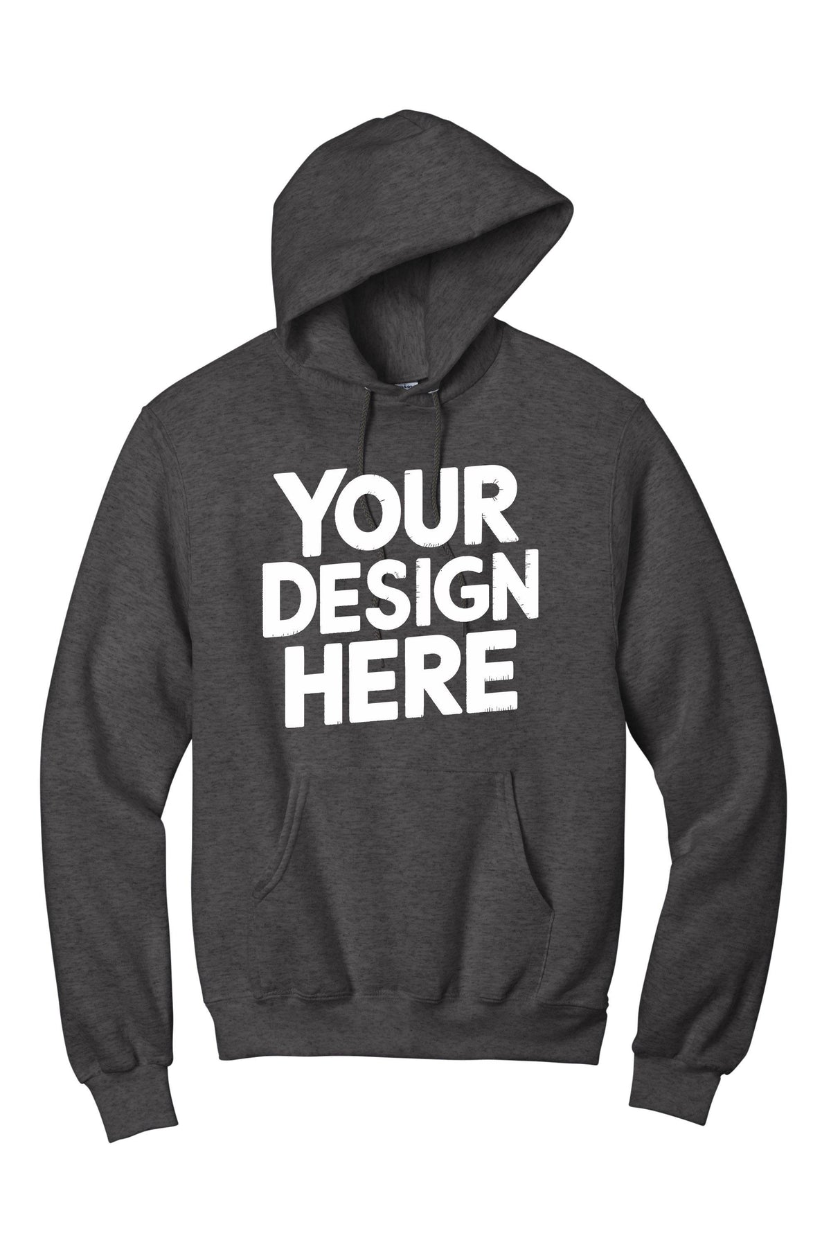 Dark grey custom hoodie by Print View, personalized printed or embroidered unisex pullover with a comfortable fit.