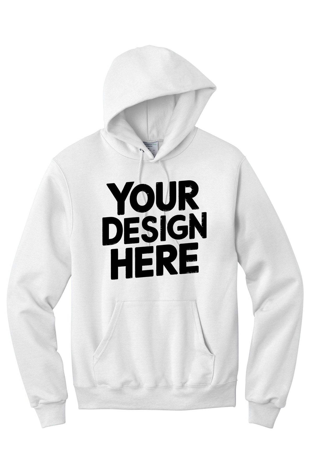 White personalized hoodie from Print View featuring custom printed or embroidered design, unisex pullover for casual wear.