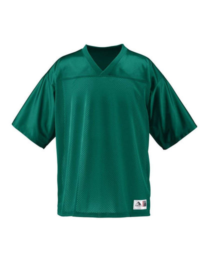 Custom men's stadium replica football jersey by Augusta Sportswear featuring personalized name and number in forest green.