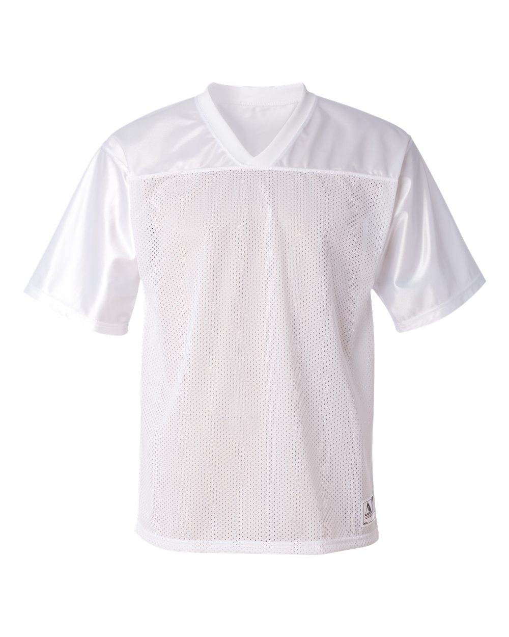 Men's Augusta Sportswear football jersey, custom printed stadium replica with personalized name and number in white.