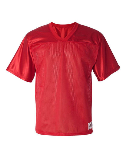 Men's custom printed football jersey by Augusta Sportswear, featuring personalized name and number in red.