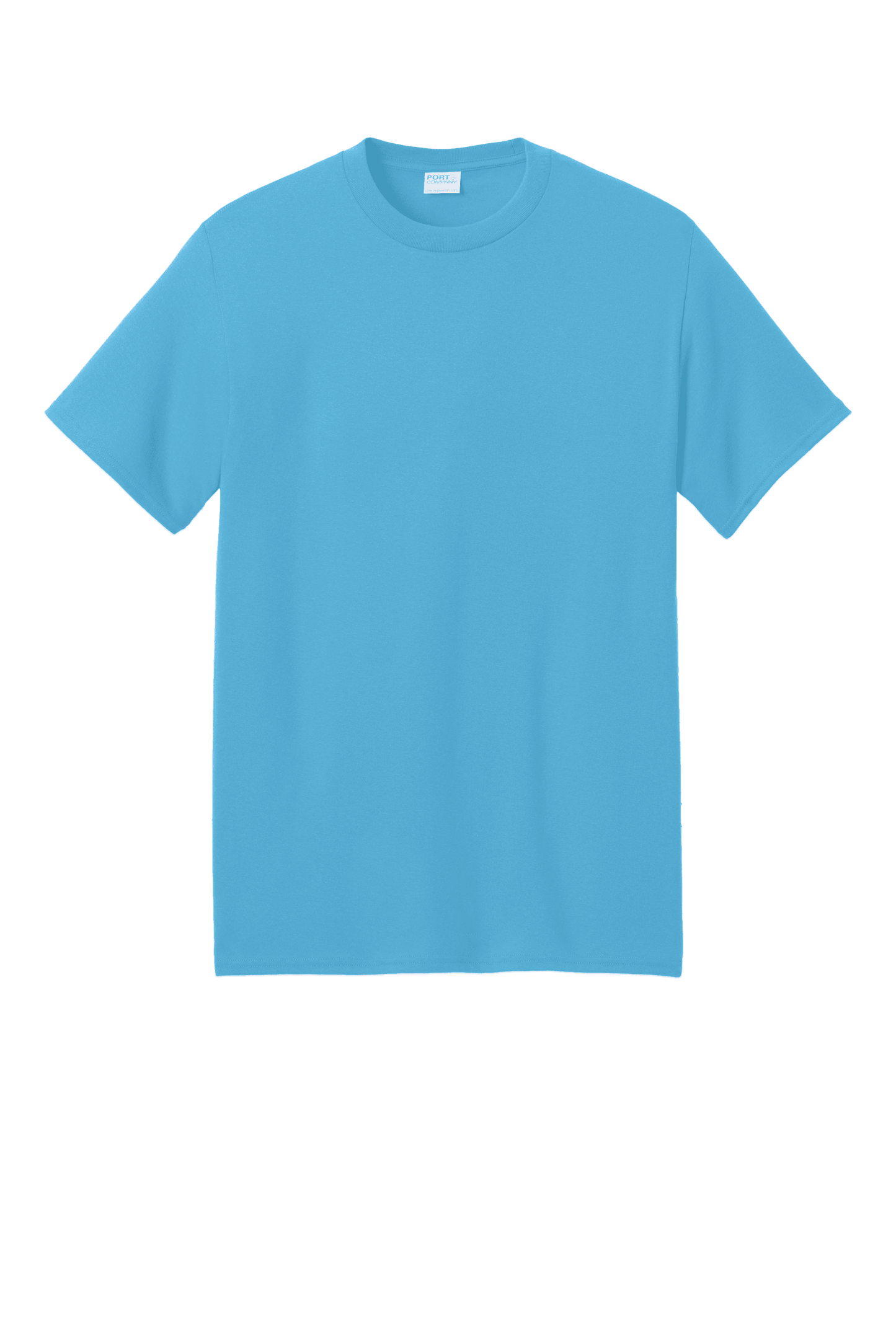 Port & Company eco-friendly recycled short sleeve T-shirt in aquatic blue, showcasing a custom print design.