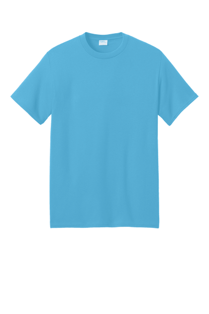 Port & Company eco-friendly recycled short sleeve T-shirt in aquatic blue, showcasing a custom print design.
