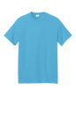 Port & Company eco-friendly recycled short sleeve T-shirt in aquatic blue, showcasing a custom print design.