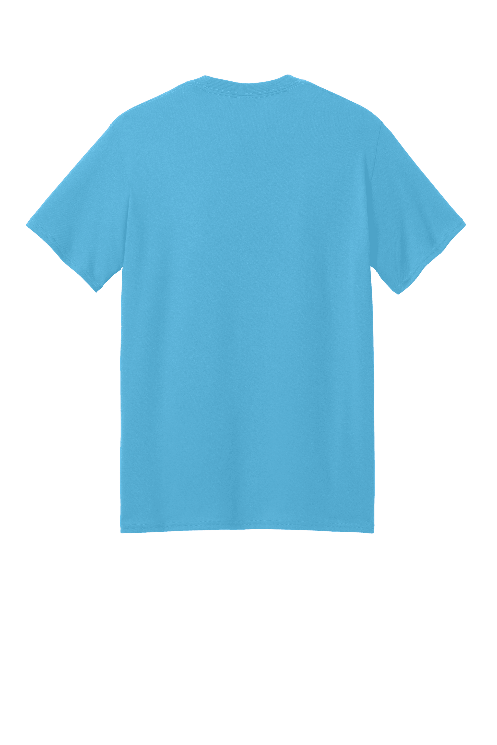 Port & Company eco-friendly recycled short sleeve T-shirt in aquatic blue, shown from the back with a custom print design.