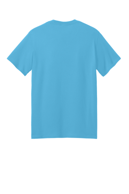 Port & Company eco-friendly recycled short sleeve T-shirt in aquatic blue, shown from the back with a custom print design.