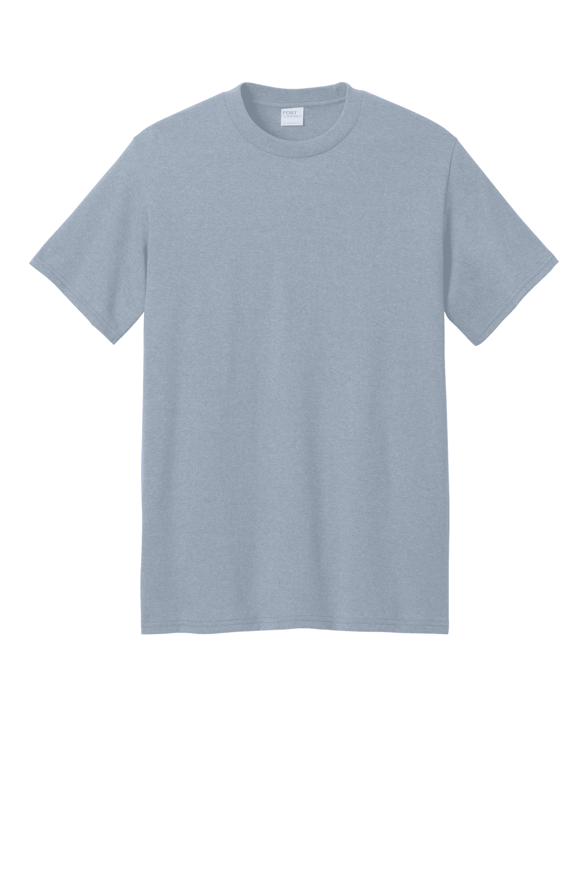 Port & Company recycled short sleeve tee in athletic heather, eco-friendly T-shirt with a custom print on the front.