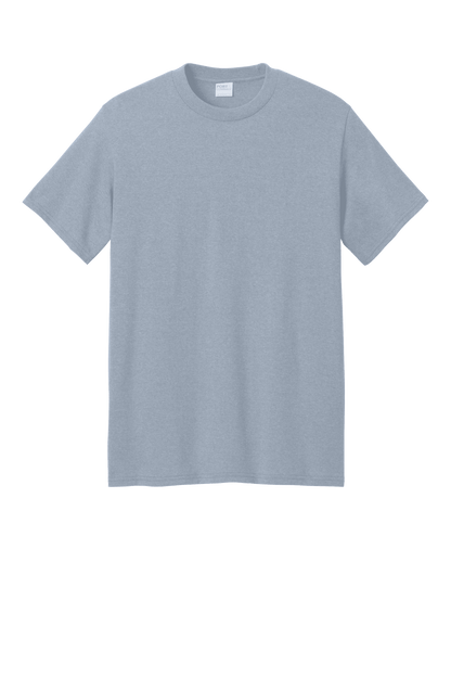 Port & Company recycled short sleeve tee in athletic heather, eco-friendly T-shirt with a custom print on the front.