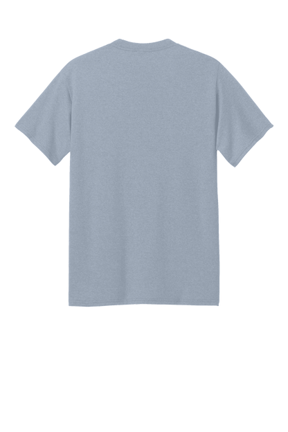 Port & Company eco-friendly recycled short sleeve T-shirt in athletic heather, showcasing the back print design.