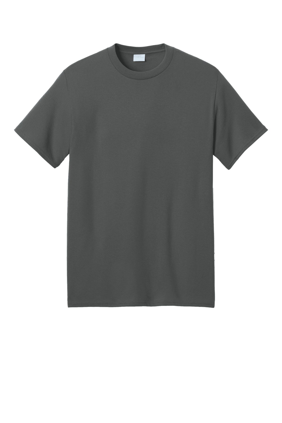 Charcoal Port & Company® Core Blend recycled short sleeve T-shirt with custom print, eco-friendly cotton blend fabric.
