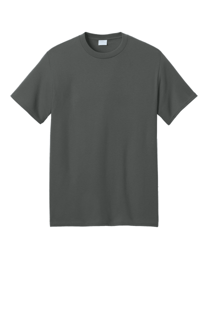 Charcoal Port & Company® Core Blend recycled short sleeve T-shirt with custom print, eco-friendly cotton blend fabric.