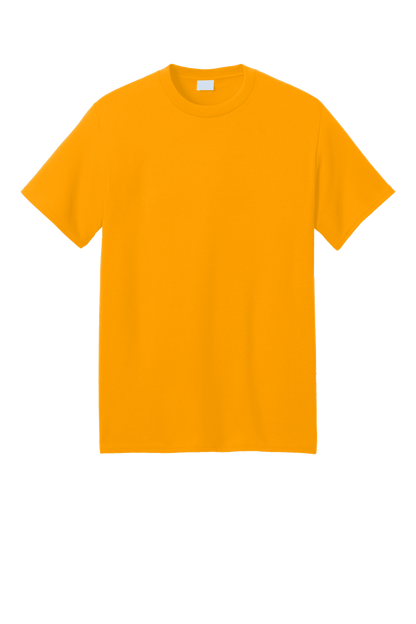 Port & Company eco-friendly short sleeve recycled T-shirt in gold with custom print, made from sustainable materials.
