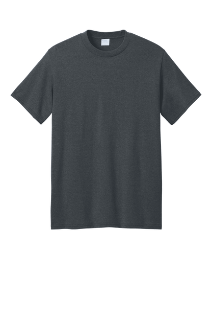 Port & Company® Eco-Friendly Heather Grey recycled cotton short sleeve T-shirt with custom print design.