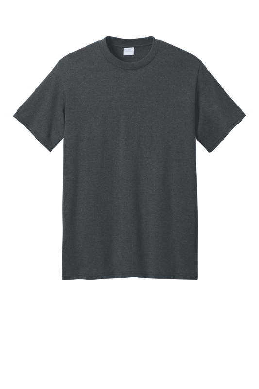 Port & Company eco-friendly heather grey short sleeve recycled T-shirt with custom print, showcasing sustainable casual wear.