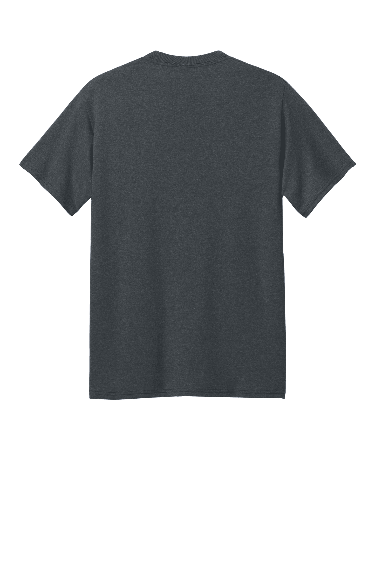 Port & Company eco-friendly heather grey recycled short sleeve T-shirt, front view showing the printed design.