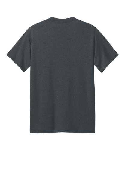 Port & Company eco-friendly heather grey recycled short sleeve T-shirt, front view showing the printed design.