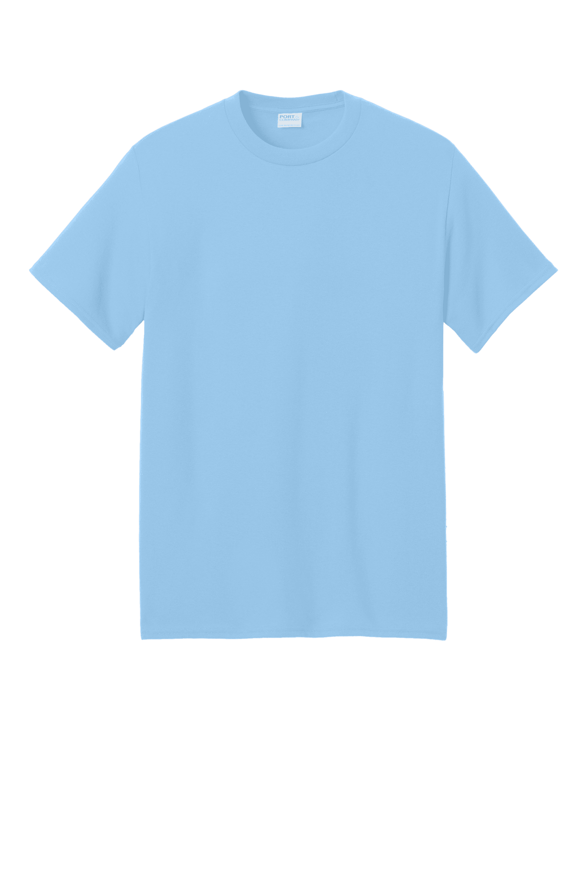 Light blue Port & Company® Core Blend Recycled T-shirt, short sleeve eco-friendly tee with custom print visible.