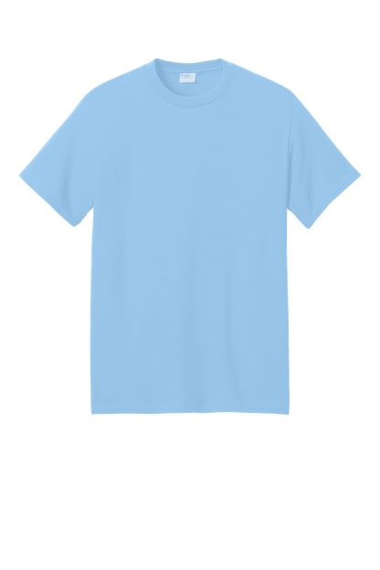 Light blue Port & Company® Core Blend Recycled T-shirt, short sleeve eco-friendly tee with custom print visible.