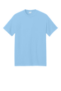 Light blue Port & Company® Core Blend Recycled T-shirt, short sleeve eco-friendly tee with custom print visible.