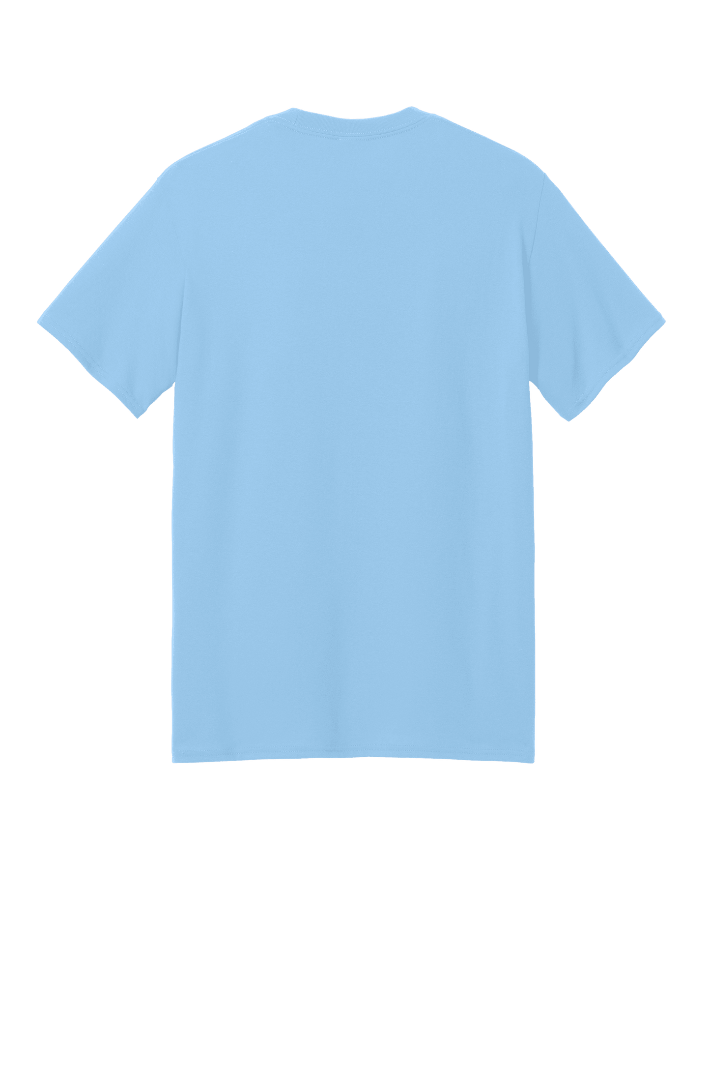 Light blue Port & Company® Core Blend recycled short sleeve T-shirt with custom print on the back for eco-friendly style.
