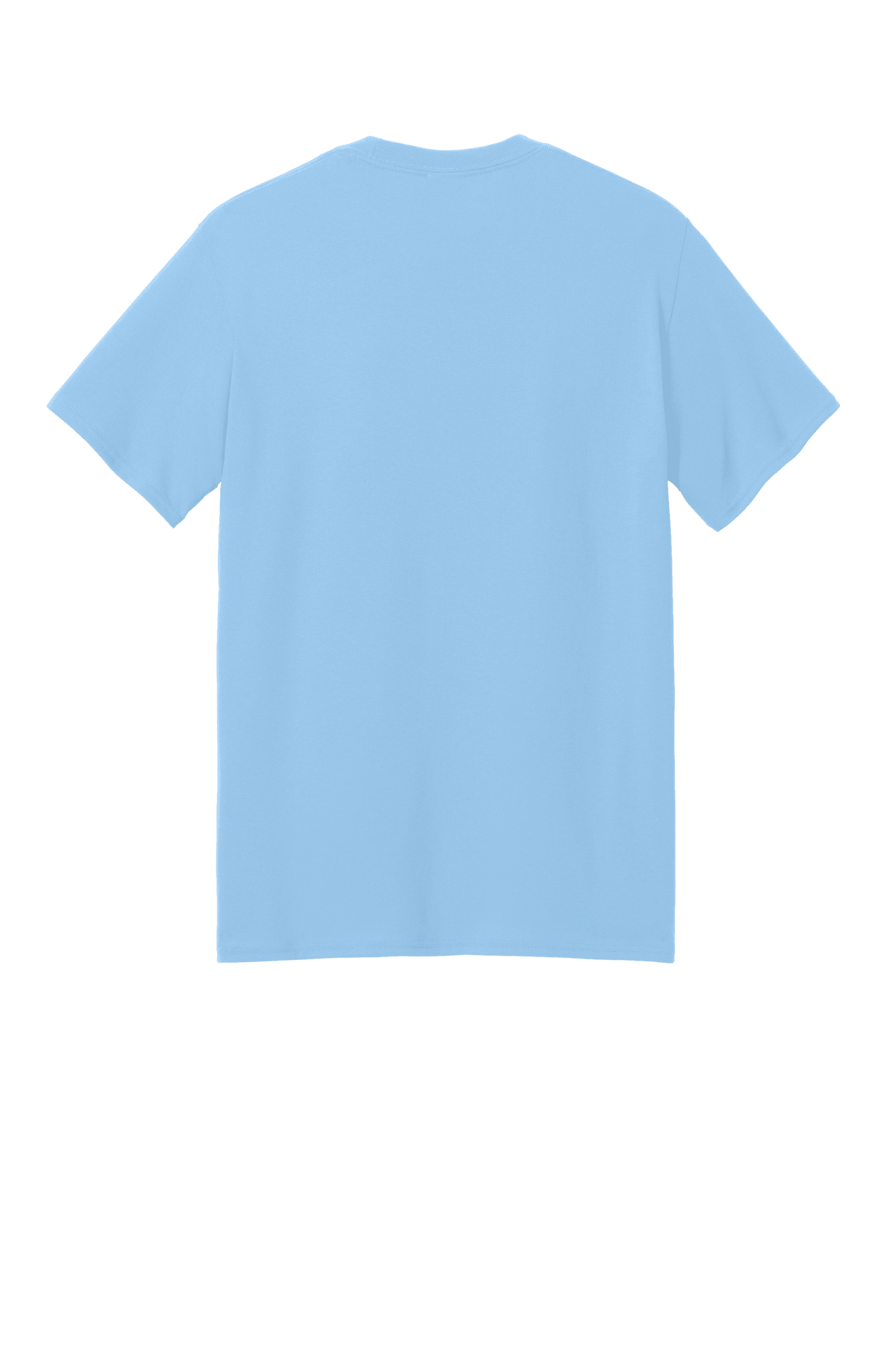 Light blue Port & Company® Core Blend recycled short sleeve T-shirt with custom print on the back for eco-friendly style.
