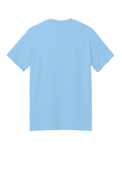 Light blue Port & Company® Core Blend recycled short sleeve T-shirt with custom print on the back for eco-friendly style.