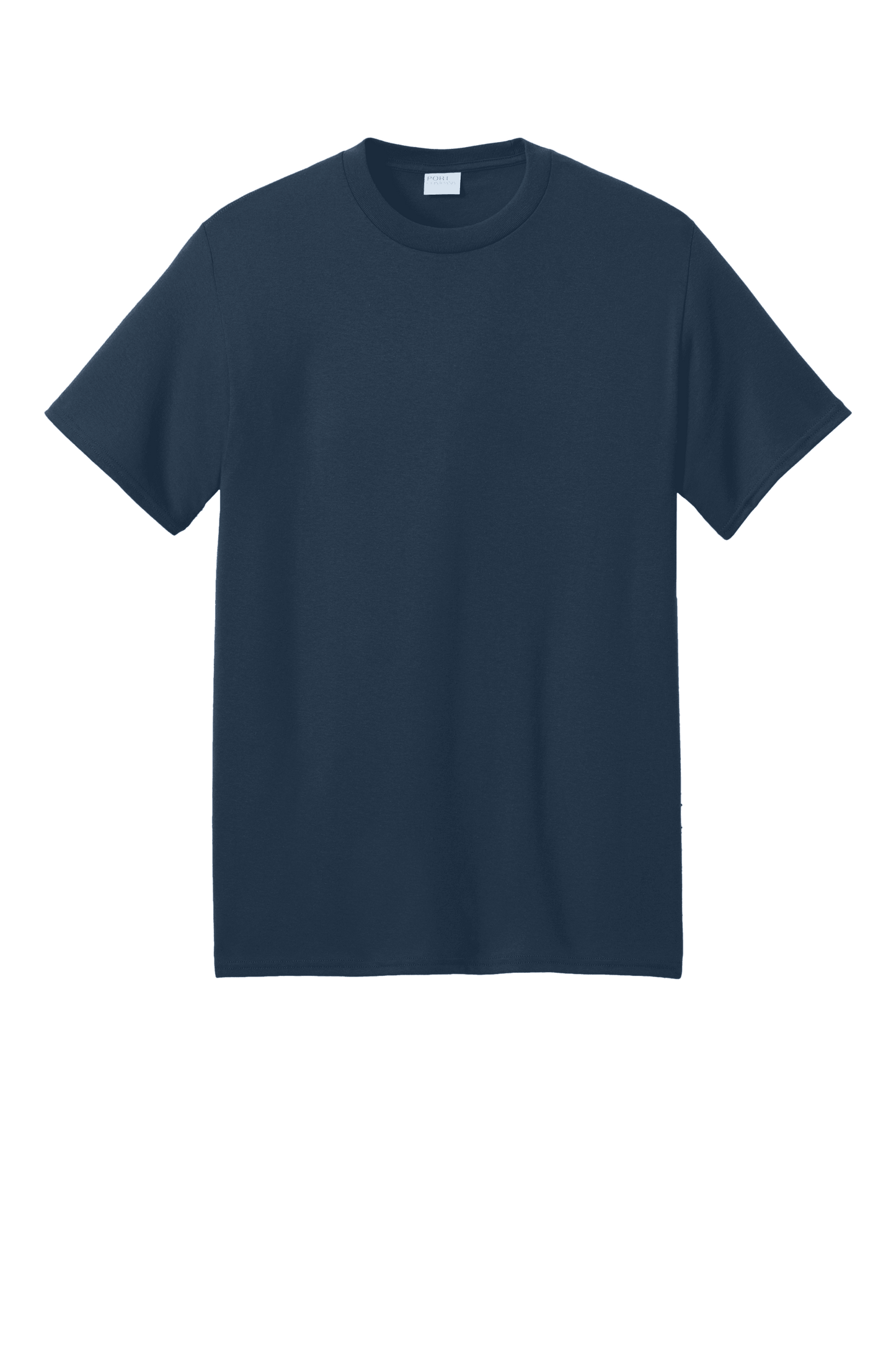 Navy Port & Company® Core Blend Recycled T-shirt, short sleeve, eco-friendly cotton blend, displayed on a flat surface.