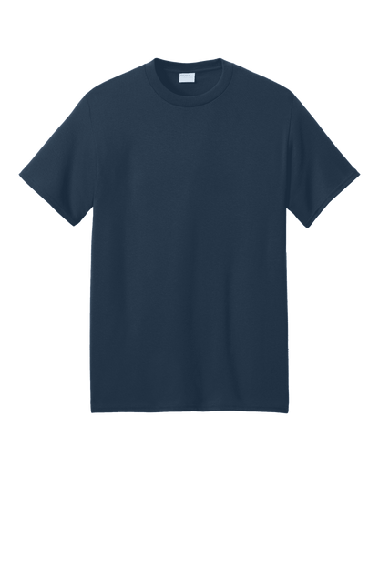 Navy Port & Company® Core Blend Recycled T-shirt, short sleeve, eco-friendly cotton blend, displayed on a flat surface.