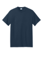 Navy Port & Company® Core Blend Recycled T-shirt, short sleeve, eco-friendly cotton blend, displayed on a flat surface.