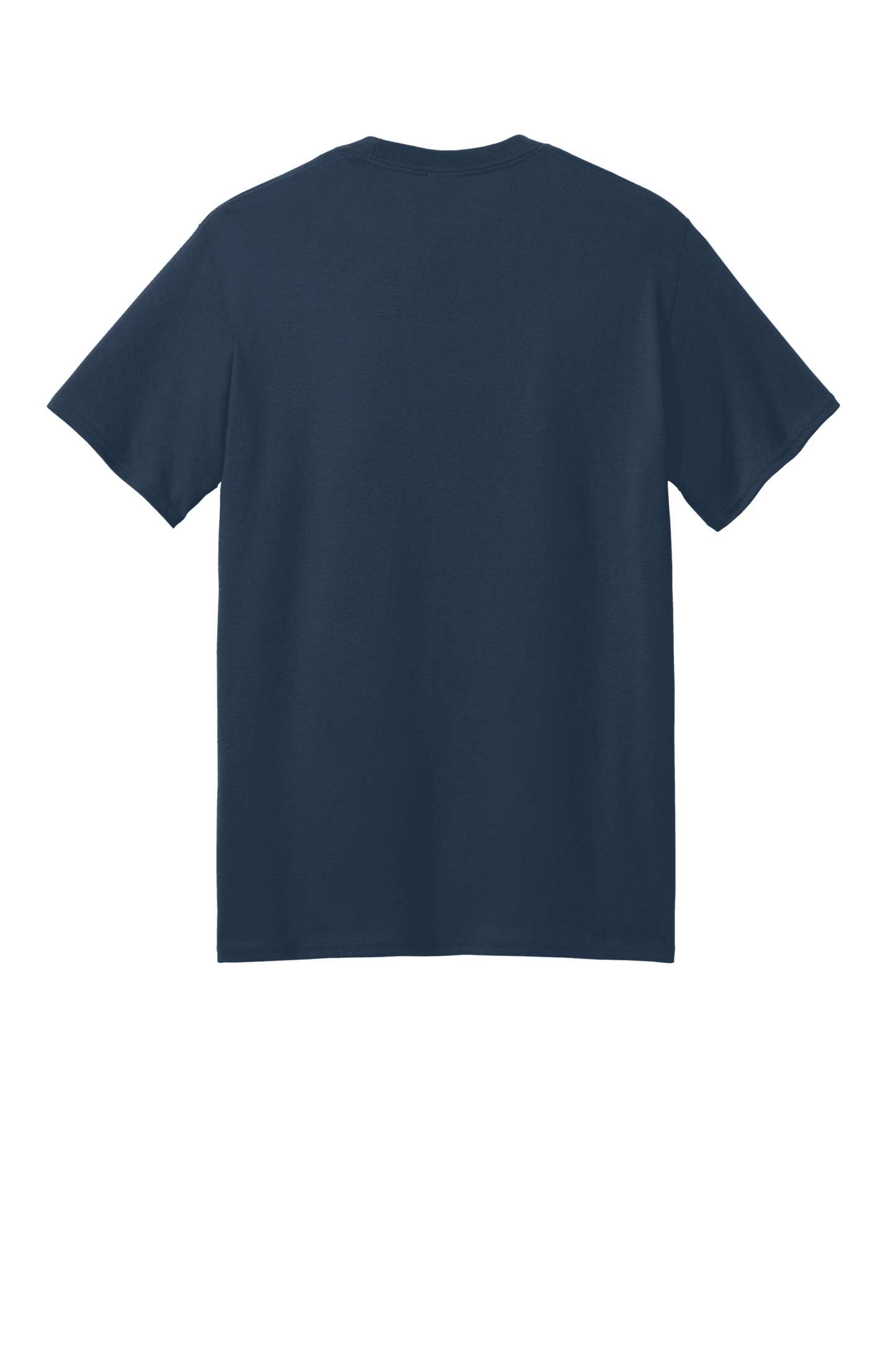 Port & Company eco-friendly navy short sleeve recycled tee with custom print, showcasing sustainable casual apparel.