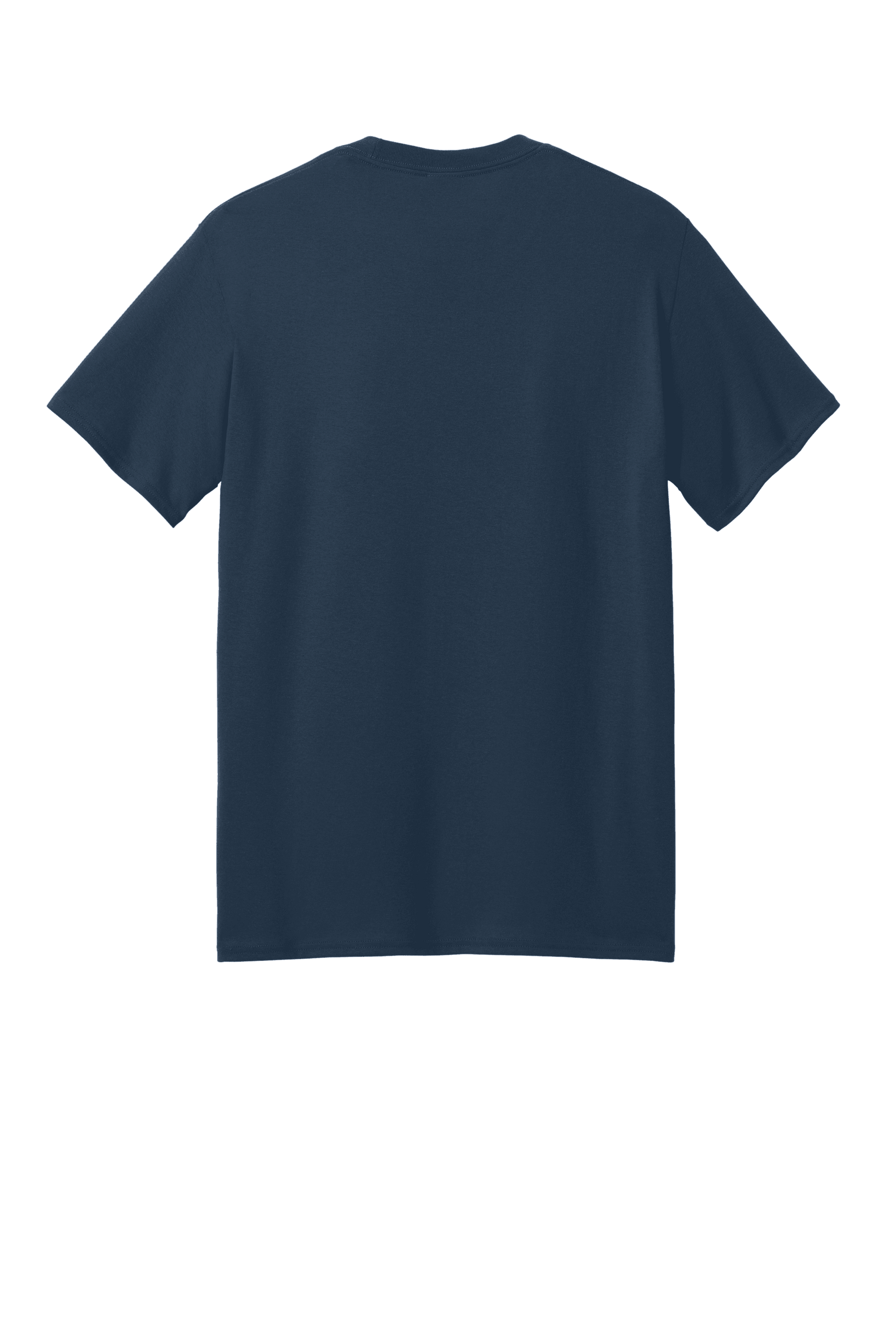 Port & Company eco-friendly navy short sleeve recycled tee with custom print, showcasing sustainable casual apparel.