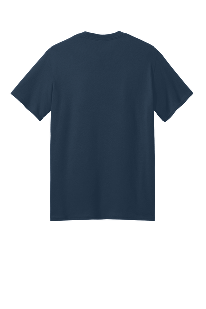 Port & Company eco-friendly navy short sleeve recycled tee with custom print, showcasing sustainable casual apparel.