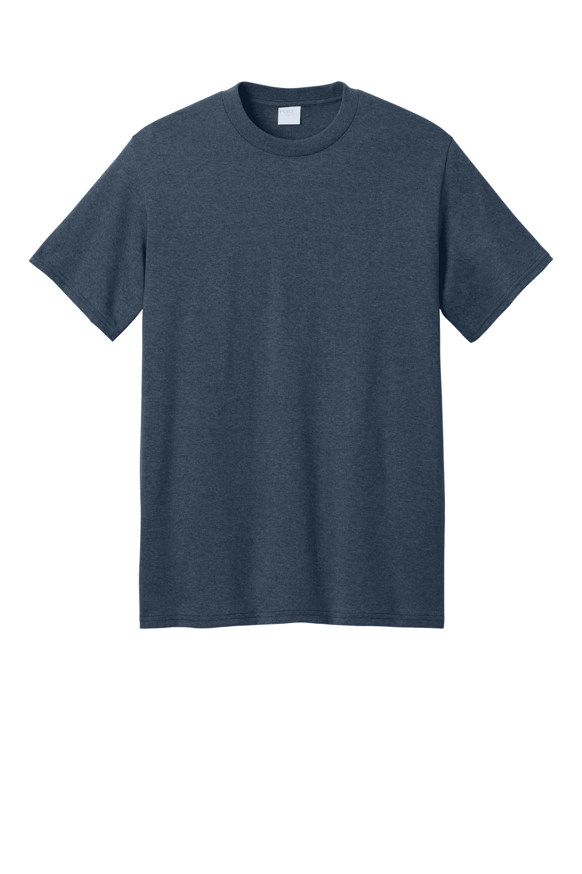 Port & Company eco-friendly navy blue heather short sleeve recycled T-shirt, front view with printed design