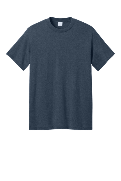 Port & Company eco-friendly navy blue heather short sleeve recycled T-shirt, front view with printed design