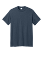 Port & Company eco-friendly navy blue heather short sleeve recycled T-shirt, front view with printed design