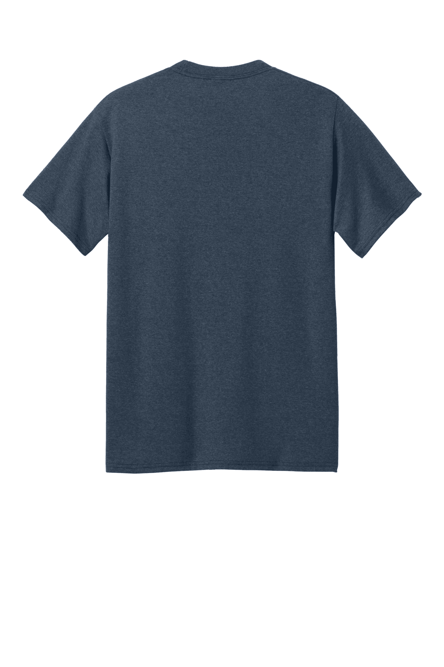 Port & Company® eco-friendly navy blue Heather short sleeve recycled T-shirt seen from the back with custom print design.
