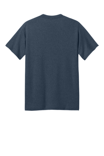 Port & Company® eco-friendly navy blue Heather short sleeve recycled T-shirt seen from the back with custom print design.