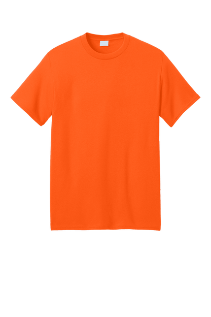 Port & Company eco-friendly short sleeve recycled T-shirt in neon orange, featuring a custom print design.