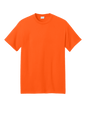 Port & Company eco-friendly short sleeve recycled T-shirt in neon orange, featuring a custom print design.