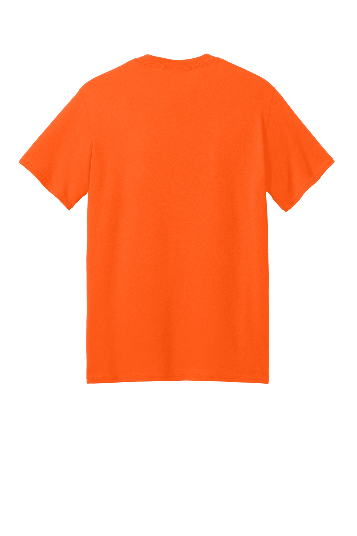 Port & Company eco-friendly neon orange short sleeve recycled T-shirt shown from the back with printed design.