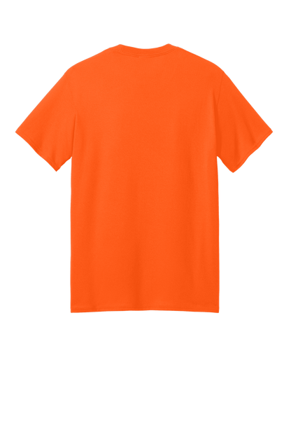 Port & Company eco-friendly neon orange short sleeve recycled T-shirt shown from the back with printed design.