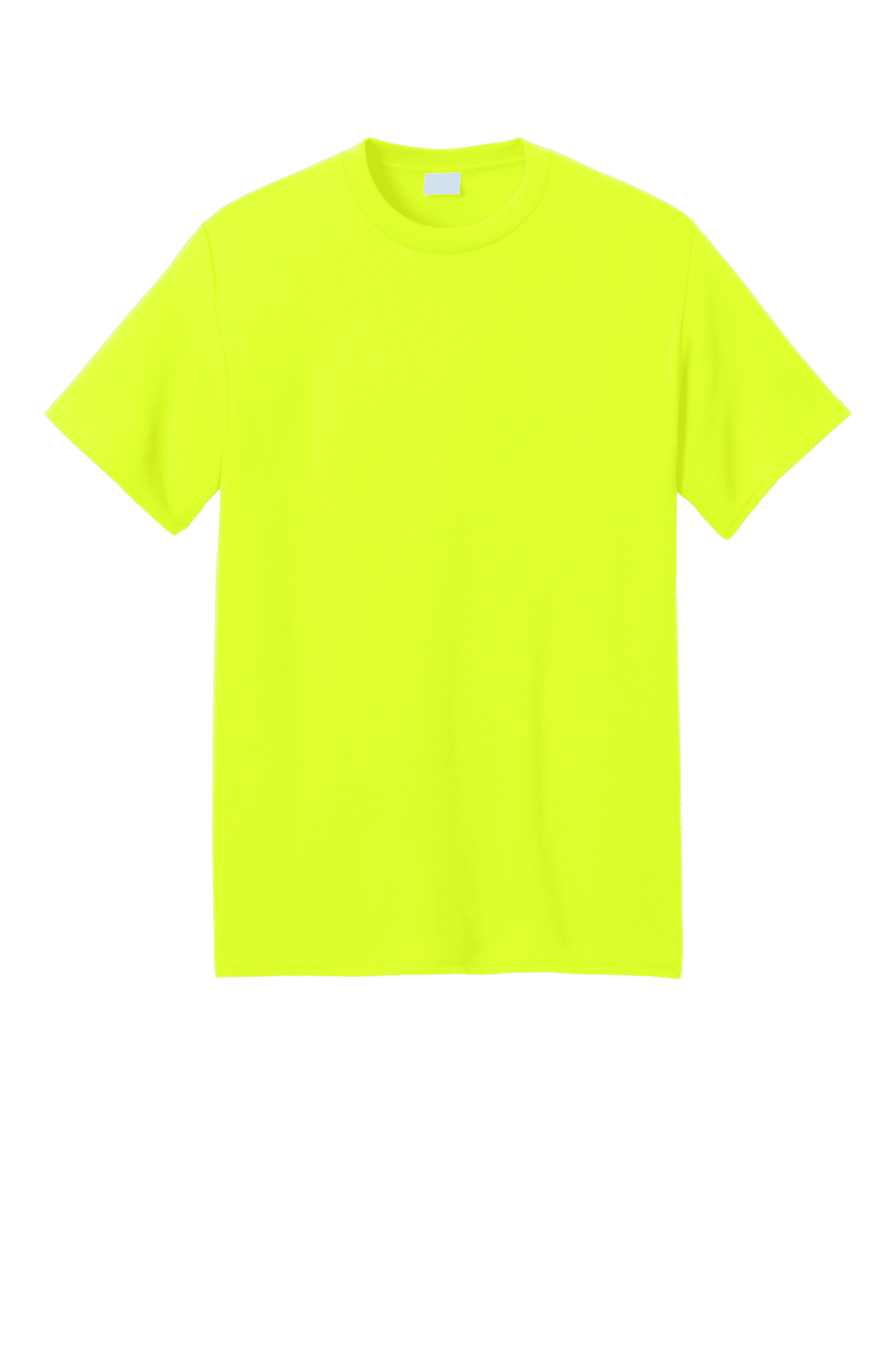Bright neon green Port & Company® Core Blend recycled short sleeve T-shirt with custom print on eco-friendly fabric.