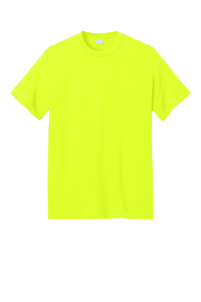 Bright neon green Port & Company® Core Blend recycled short sleeve T-shirt with custom print on eco-friendly fabric.