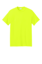 Bright neon green Port & Company® Core Blend recycled short sleeve T-shirt with custom print on eco-friendly fabric.