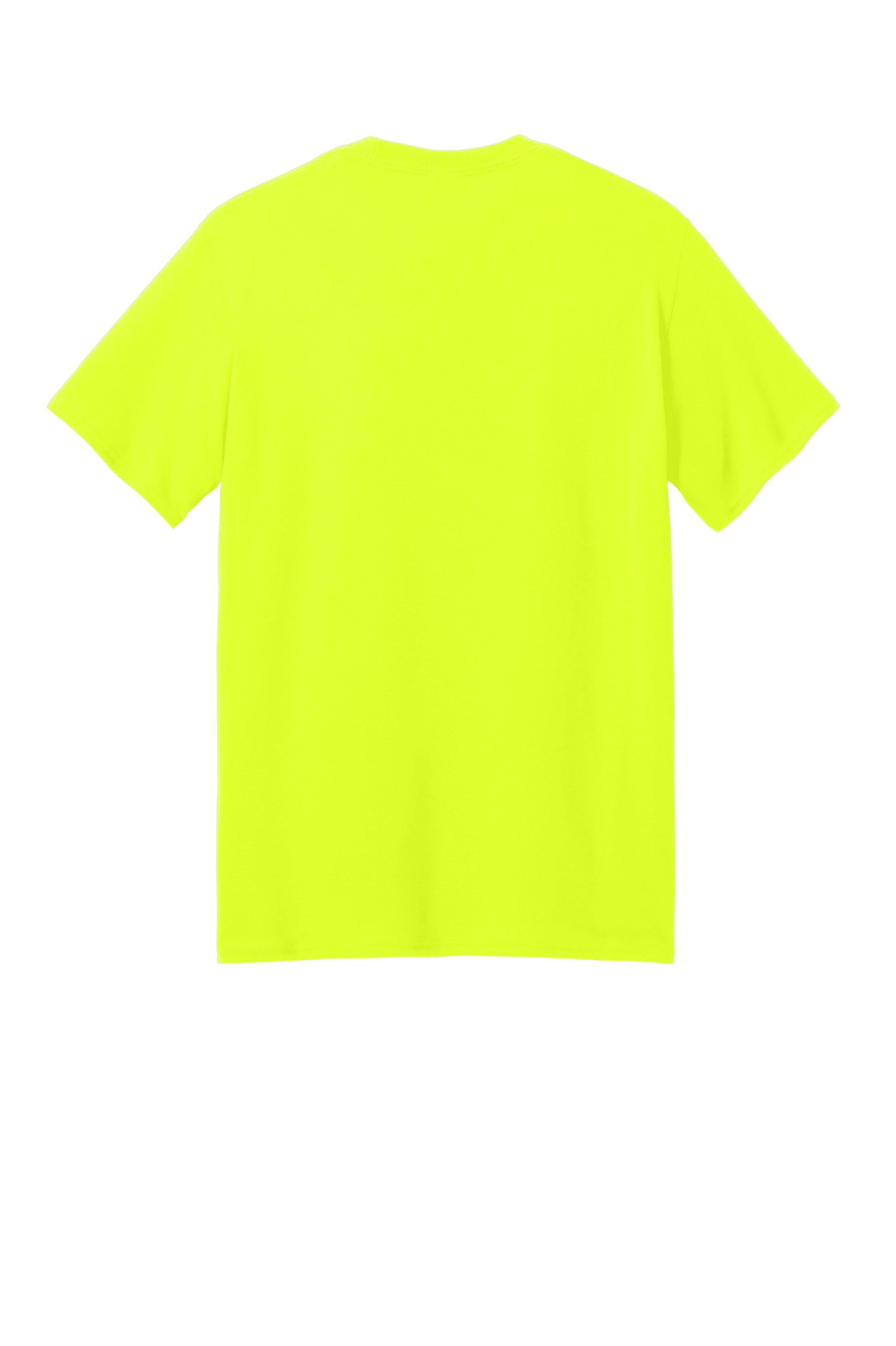 Port & Company eco-friendly recycled short sleeve T-shirt in neon green, featuring a custom printed design on the back.