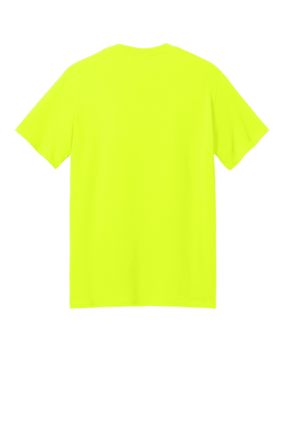 Port & Company eco-friendly recycled short sleeve T-shirt in neon green, featuring a custom printed design on the back.