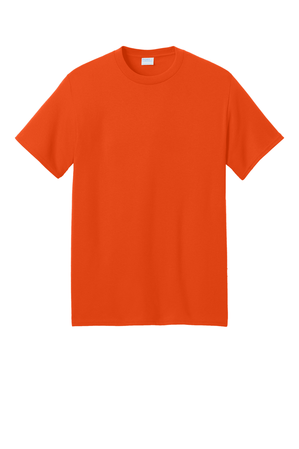 Port & Company eco-friendly short sleeve recycled T-shirt in vibrant orange, showcasing a custom printed design on the front.