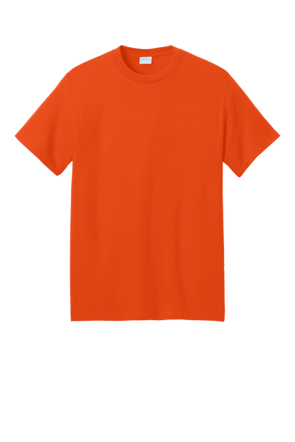 Port & Company eco-friendly short sleeve recycled T-shirt in vibrant orange, showcasing a custom printed design on the front.