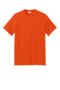 Port & Company eco-friendly short sleeve recycled T-shirt in vibrant orange, showcasing a custom printed design on the front.